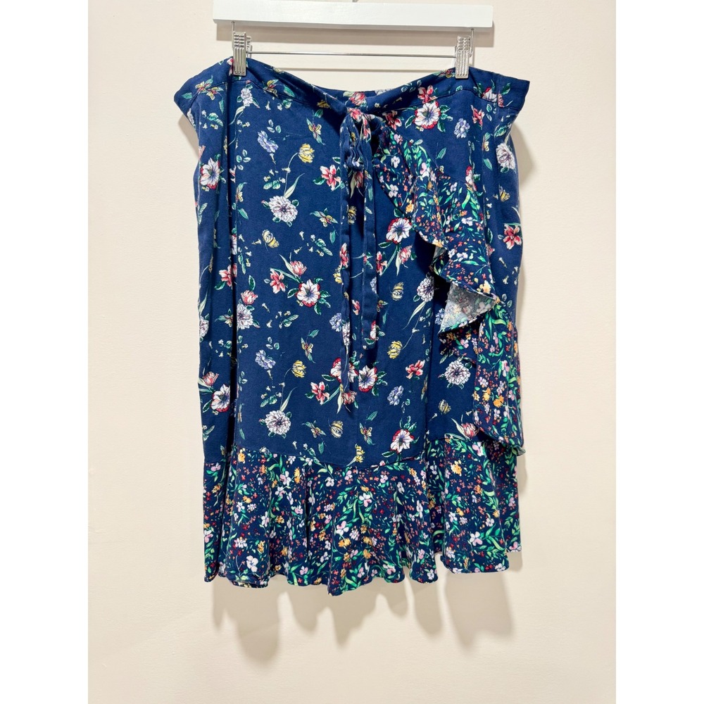 Liz Claiborne Navy Blue Floral Ruffle Mini Skirt Womens 18 Rayon Wrap Style